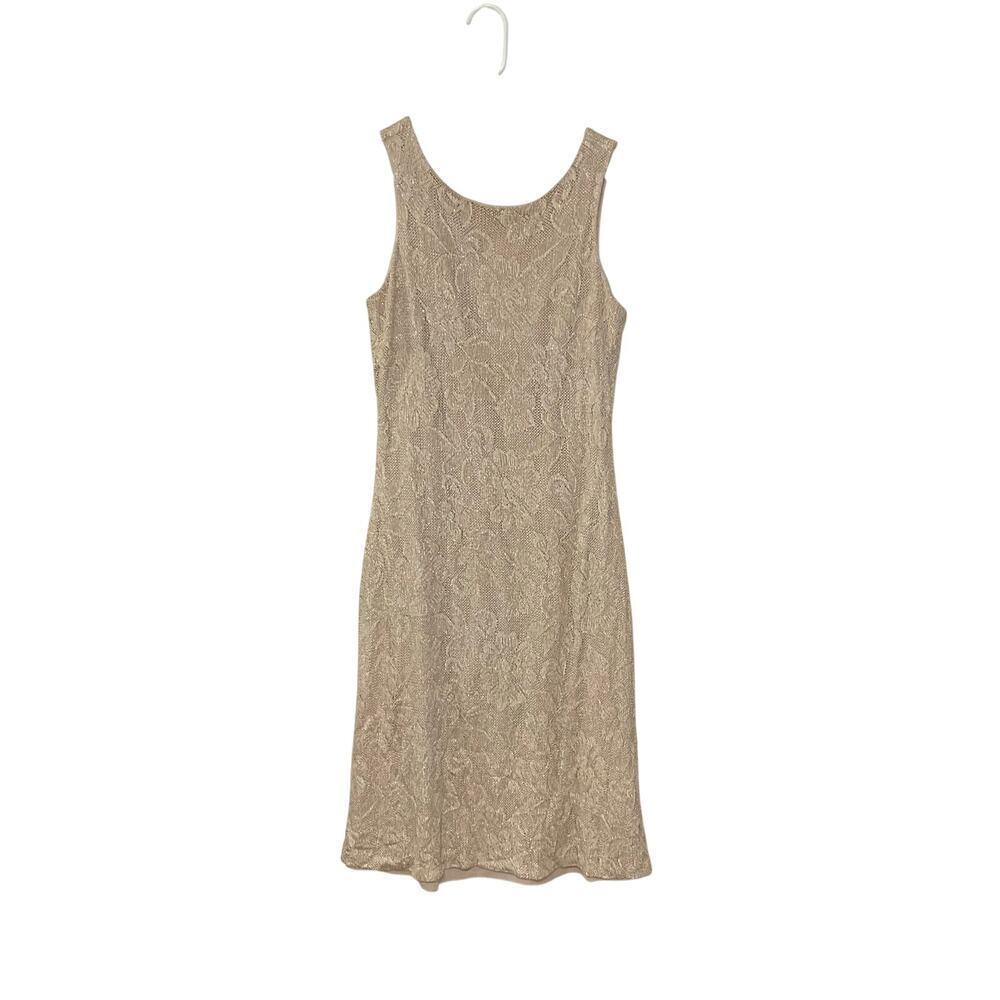 VTG 90s Harlow Nites Gold Sleeveless Lace Midi Dress Sz 14 Large Sparkly Stretch